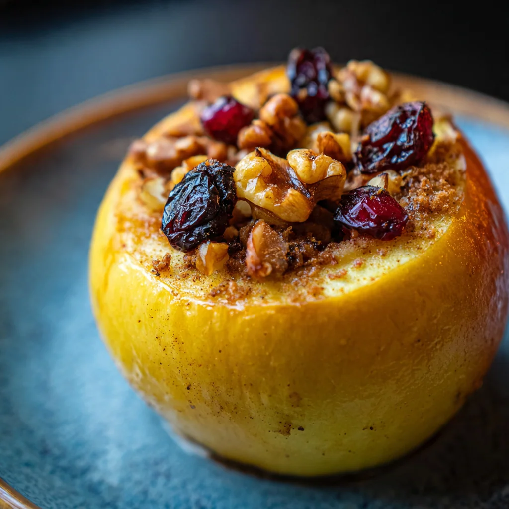 A warm microwave baked apple in a white bowl, topped with a melting scoop of vanilla ice cream and a drizzle of caramel.