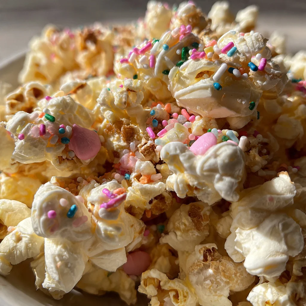A large bowl overflowing with white chocolate popcorn studded with crushed pretzels and bright red raspberry pieces.