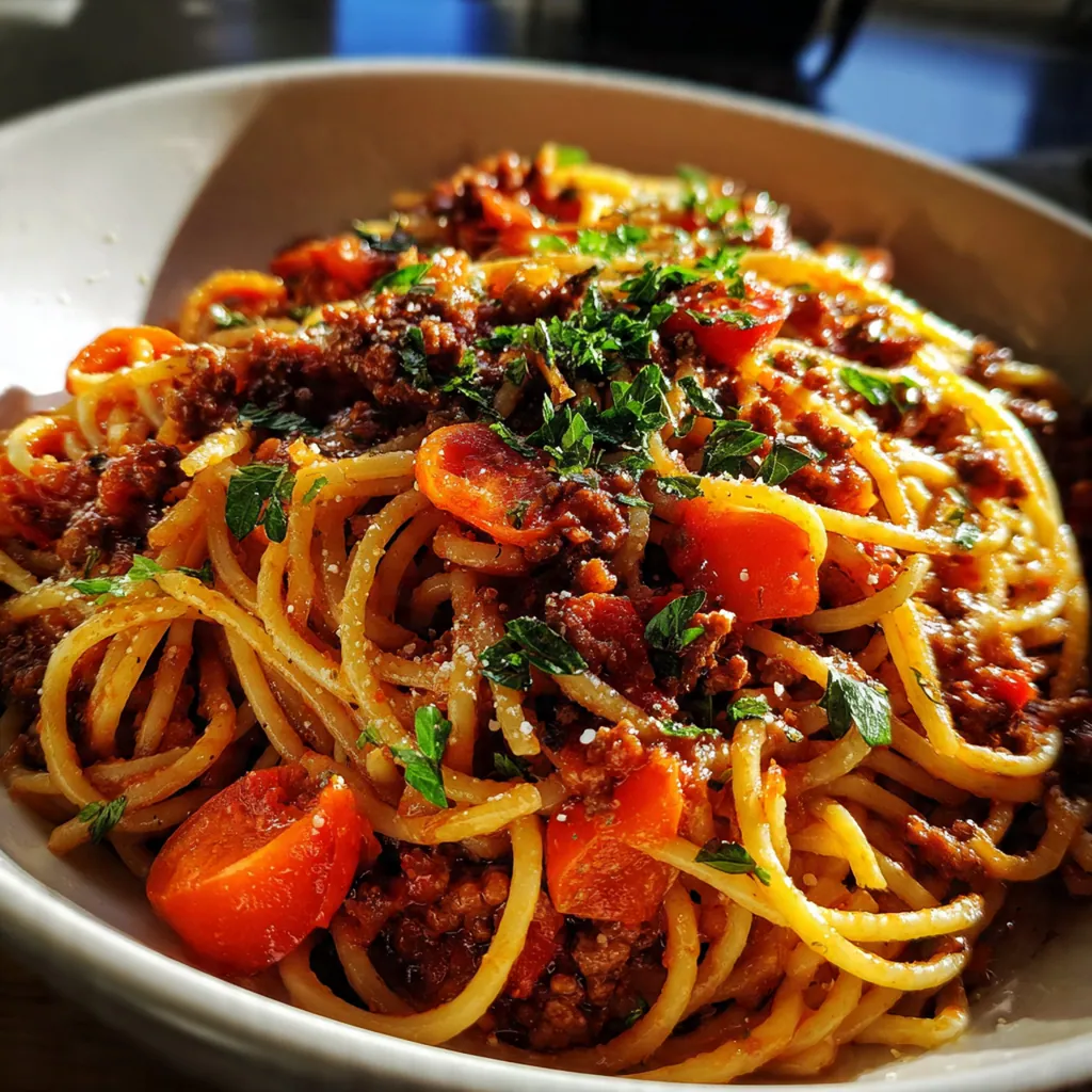 A large Dutch oven filled with rich, simmering Spaghetti Bolognese sauce with a wooden spoon resting inside.