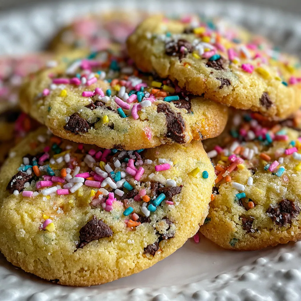 A white plate piled high with soft and chewy Funfetti cake mix cookies dotted with chocolate chips.