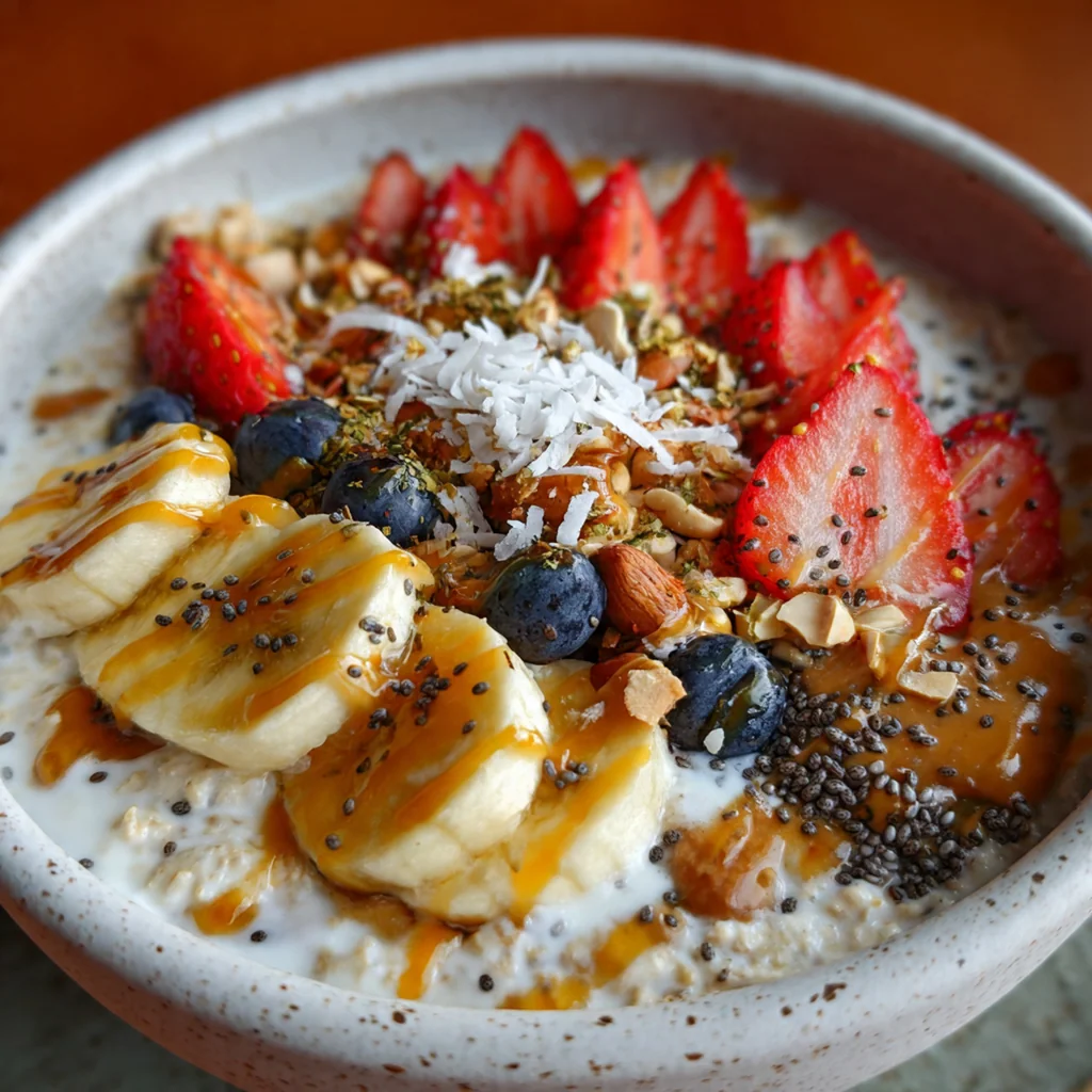 An overhead view of rolled oats, chia seeds, and other ingredients being stirred together in a jar.