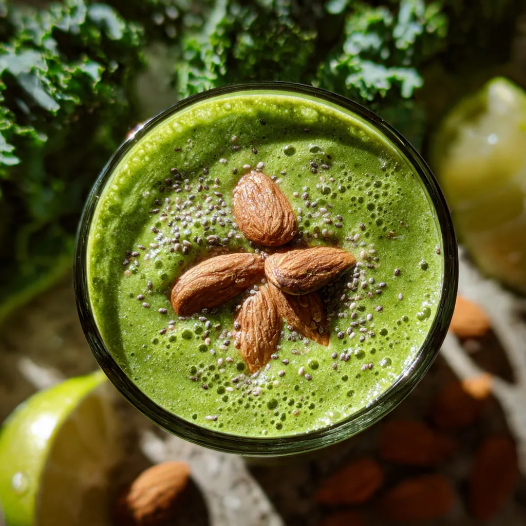 Close-up shot of the incredibly creamy texture of a green smoothie as it's being poured into a glass.