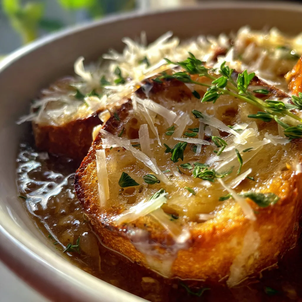 A close-up shot showing the rich, dark onion broth beneath a thick layer of melted Gruyère cheese.