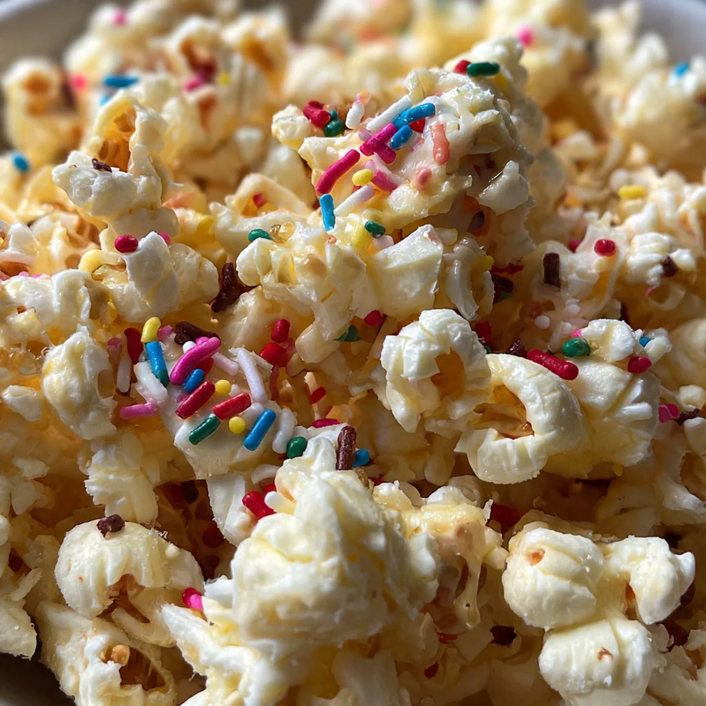 White chocolate popcorn spread out on a parchment-lined baking sheet, ready to be broken into delicious clusters.
