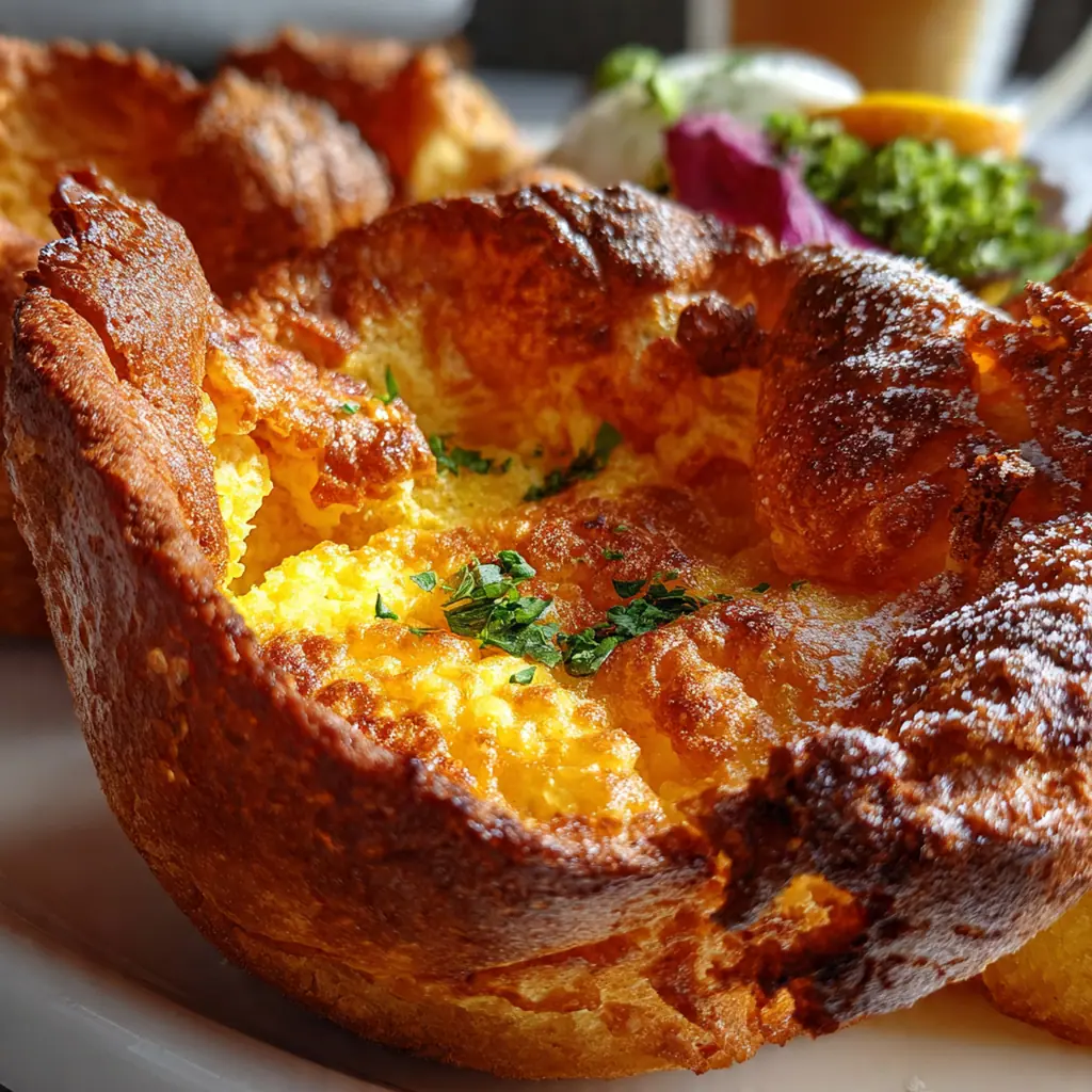 A close-up shot showing the crispy, craggy edge and soft, eggy interior of a Yorkshire pudding.