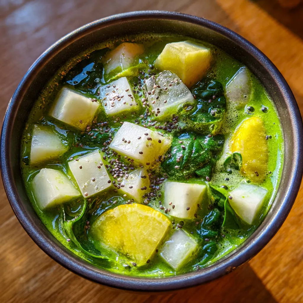 An overhead view of two glowing green smoothies in glasses, surrounded by fresh spinach, mango, and a banana.