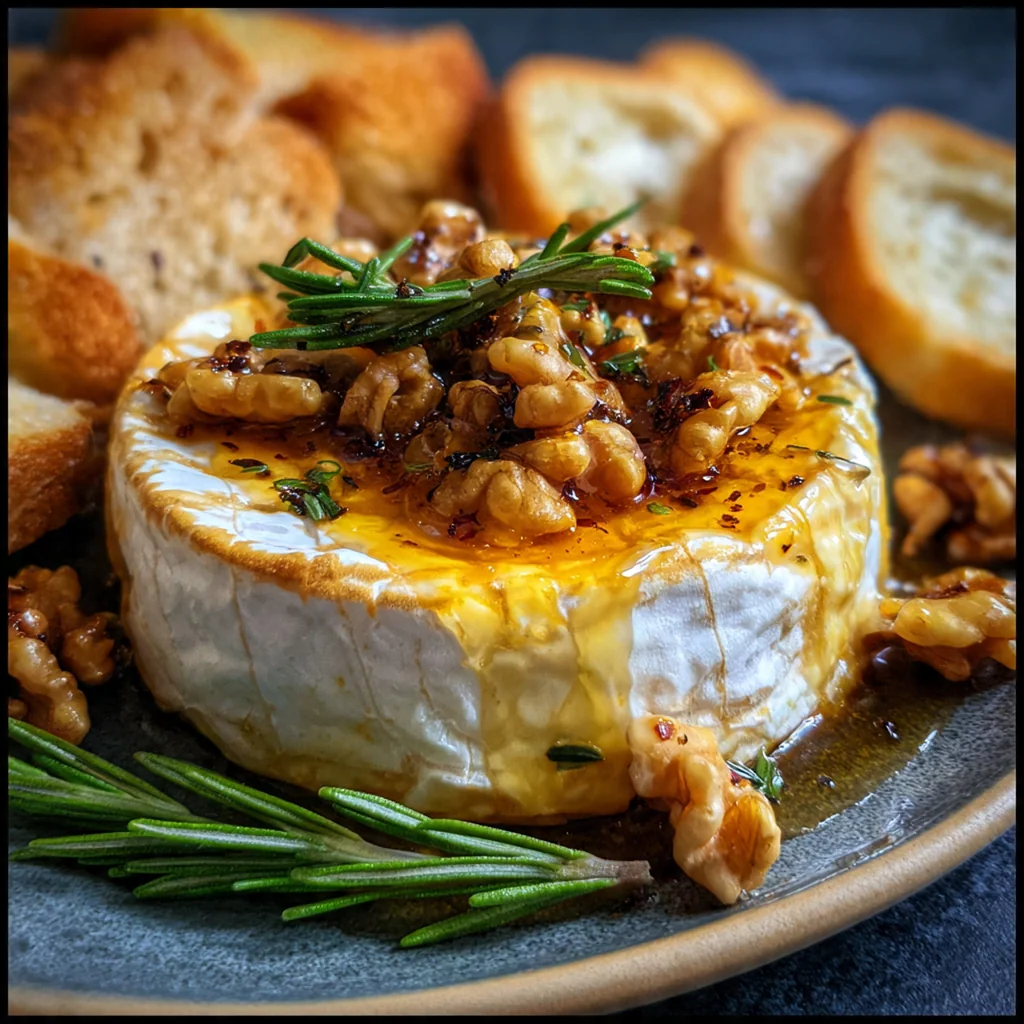 An overhead view of the finished baked brie appetizer, surrounded by apple slices, crackers, and crostini for serving.