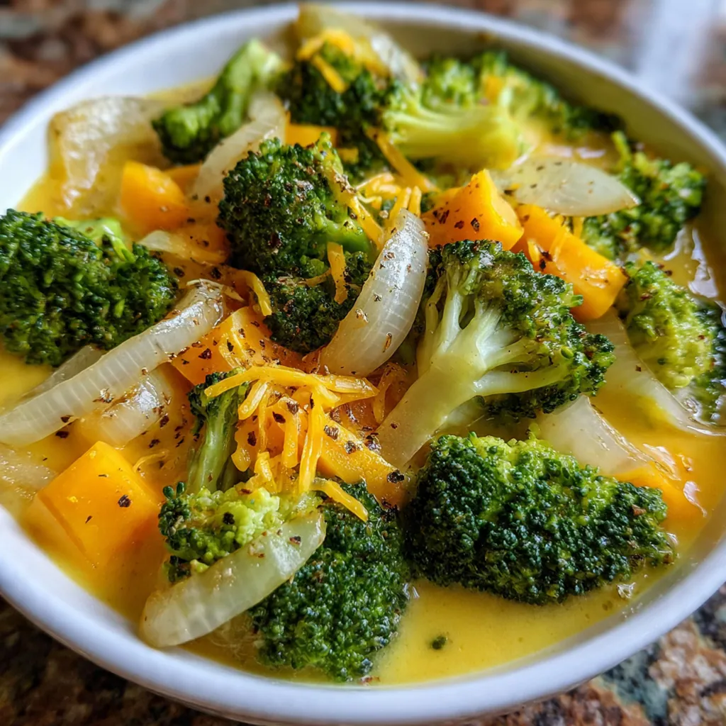 A close-up shot showing the texture of tender broccoli florets in the velvety cheddar soup.