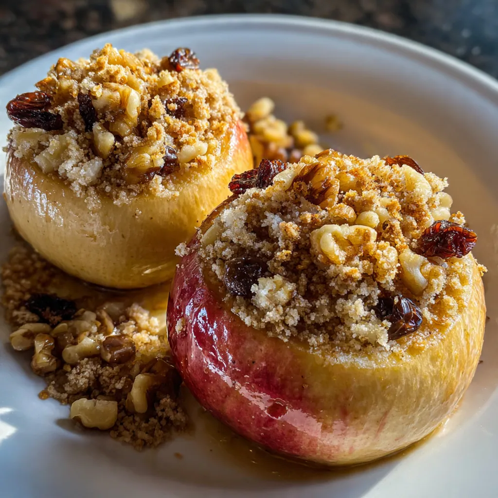 Two steaming microwave baked apples in a glass microwave-safe dish with syrupy juices at the bottom.