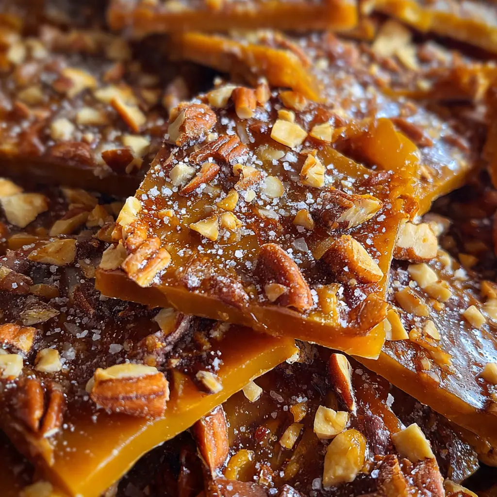 A close-up shot showing the distinct layers of toasted almonds, buttery toffee, and rich chocolate.