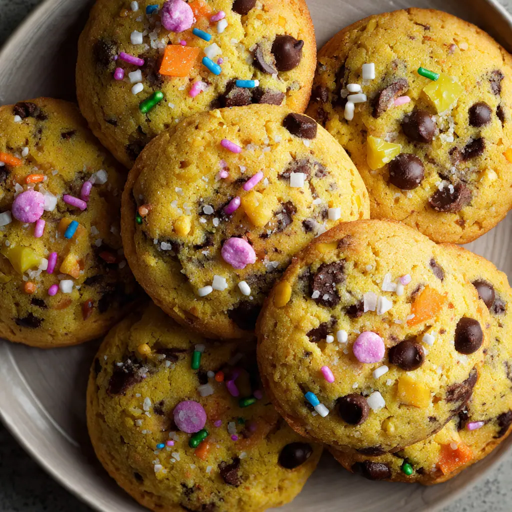 A close-up shot of a single cake mix cookie, showing its soft center and colorful rainbow sprinkles.