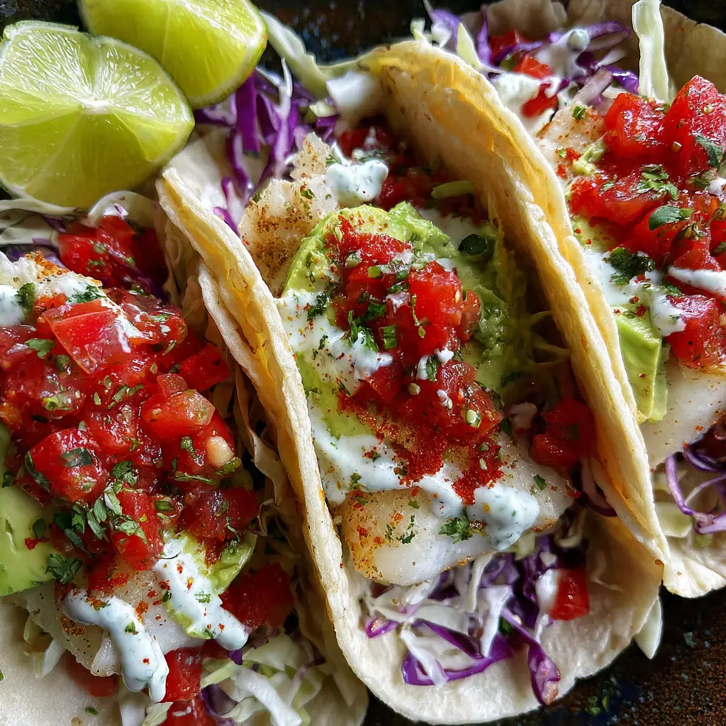 Three finished Baja Fish Tacos served on a platter with fresh lime wedges and a side of cilantro.