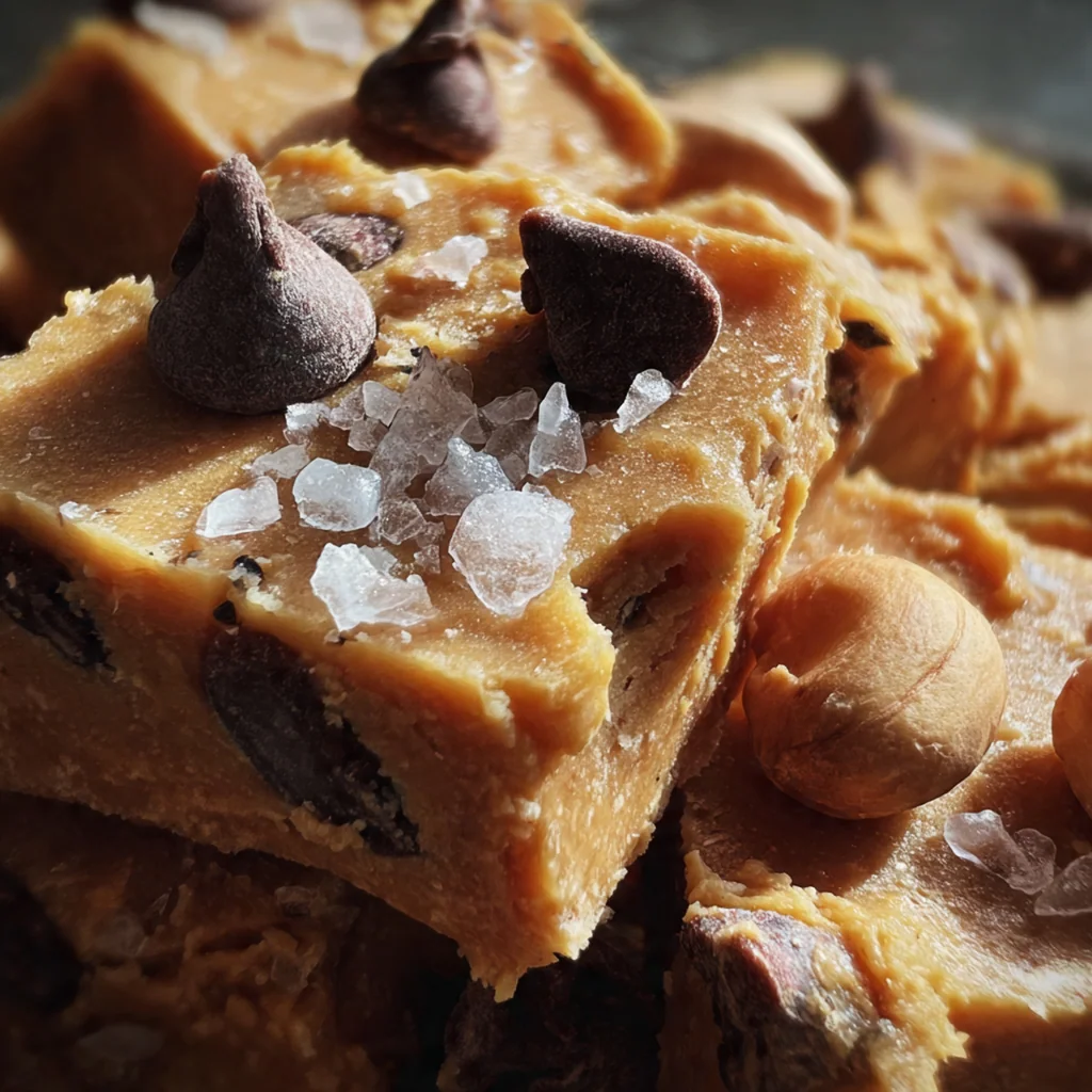 Overhead view of perfectly cut squares of peanut butter fudge arranged neatly on parchment paper.