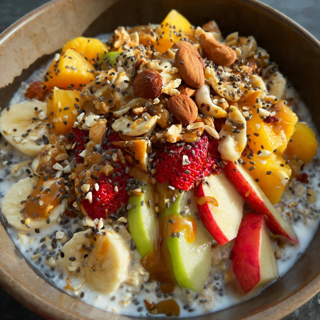 A beautiful bowl of overnight oats topped with sliced bananas, a swirl of peanut butter, and a sprinkle of nuts.