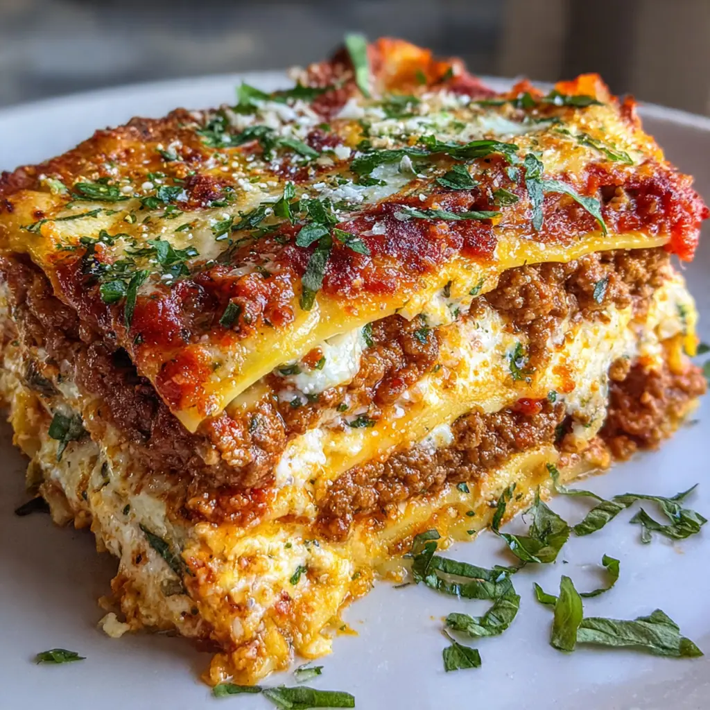 Close-up of the golden-brown, bubbly cheese crust on a freshly baked lasagne.