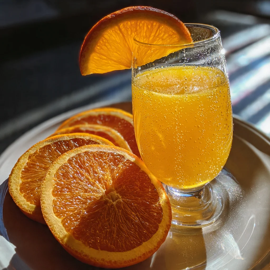 A beautiful brunch scene with a pitcher of orange juice, a bottle of sparkling wine, and finished mimosas.