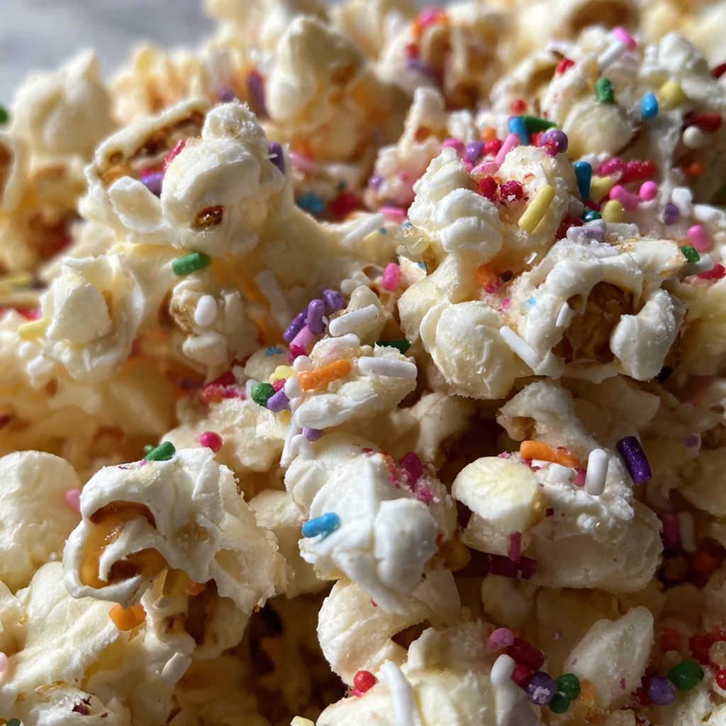 Close-up of a single cluster of white chocolate popcorn, showing the creamy coating and colorful rainbow sprinkles.