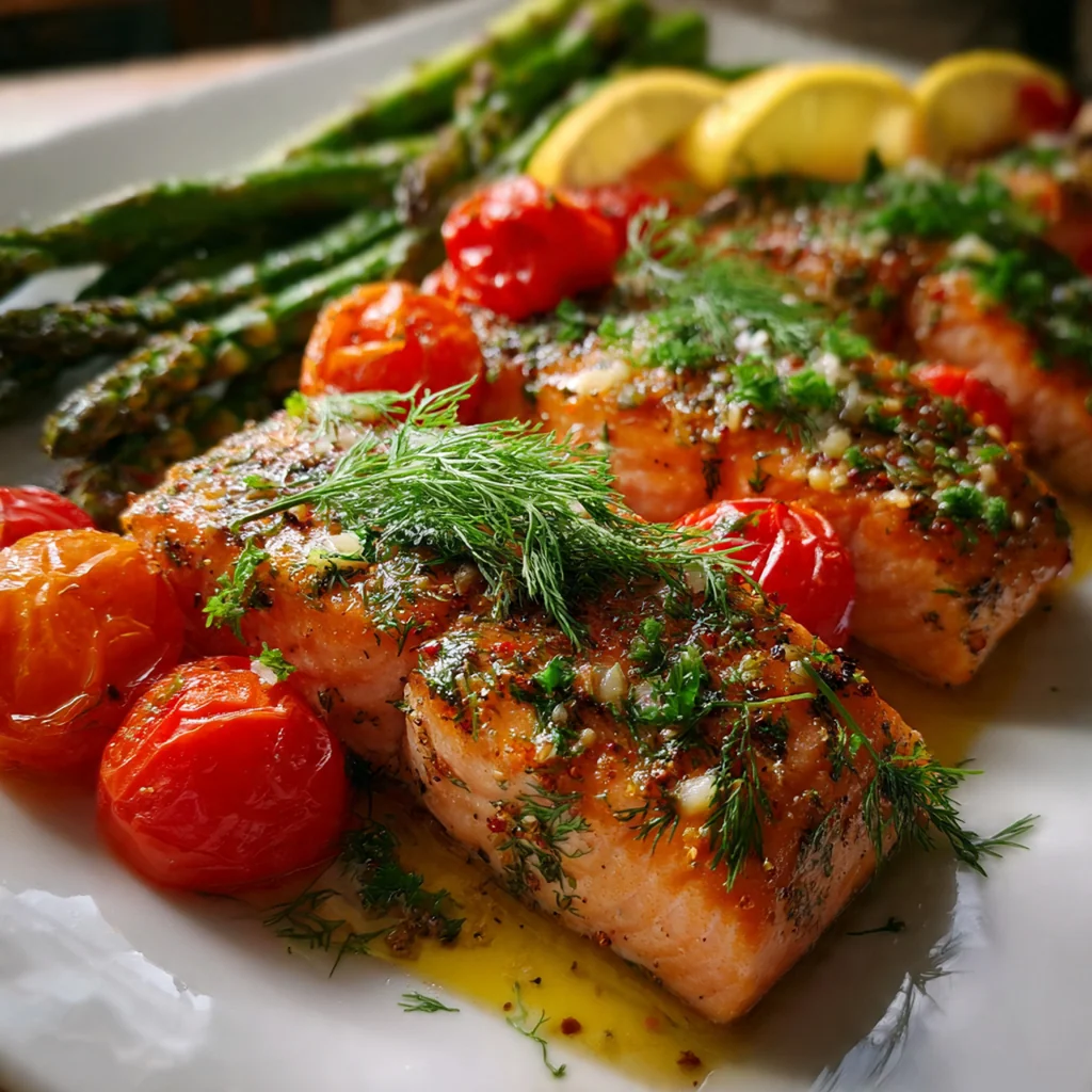 A beautiful plate of Easy Baked Salmon served with roasted asparagus for a healthy dinner.