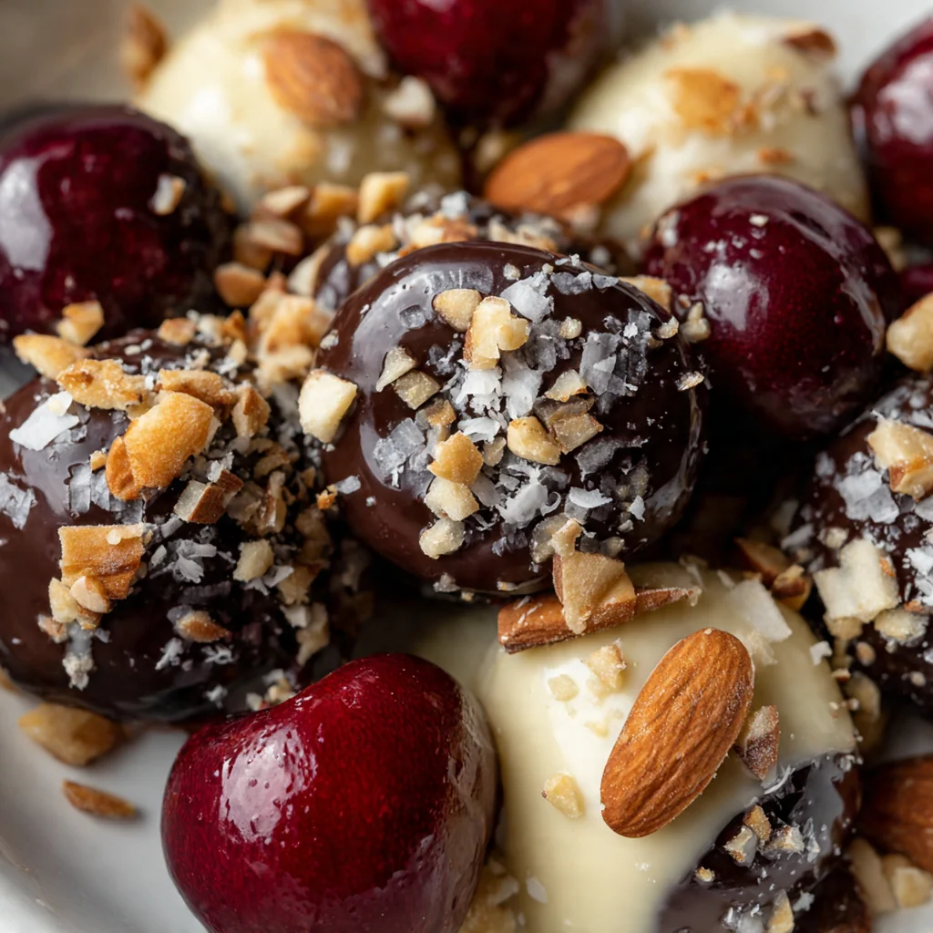 A perfect chocolate covered cherry cut in half, revealing the liquid syrup center around a bright red cherry.