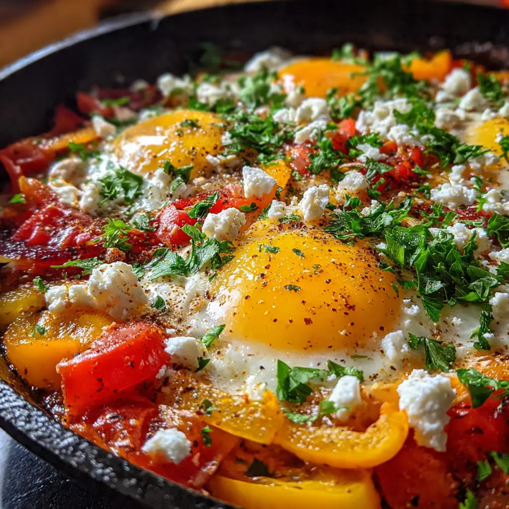 A close-up shot of a runny egg yolk mixing into the rich, spiced tomato and pepper sauce.