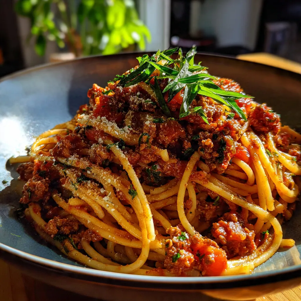 A beautiful white bowl of Spaghetti Bolognese topped with freshly grated Parmesan cheese and torn basil leaves.