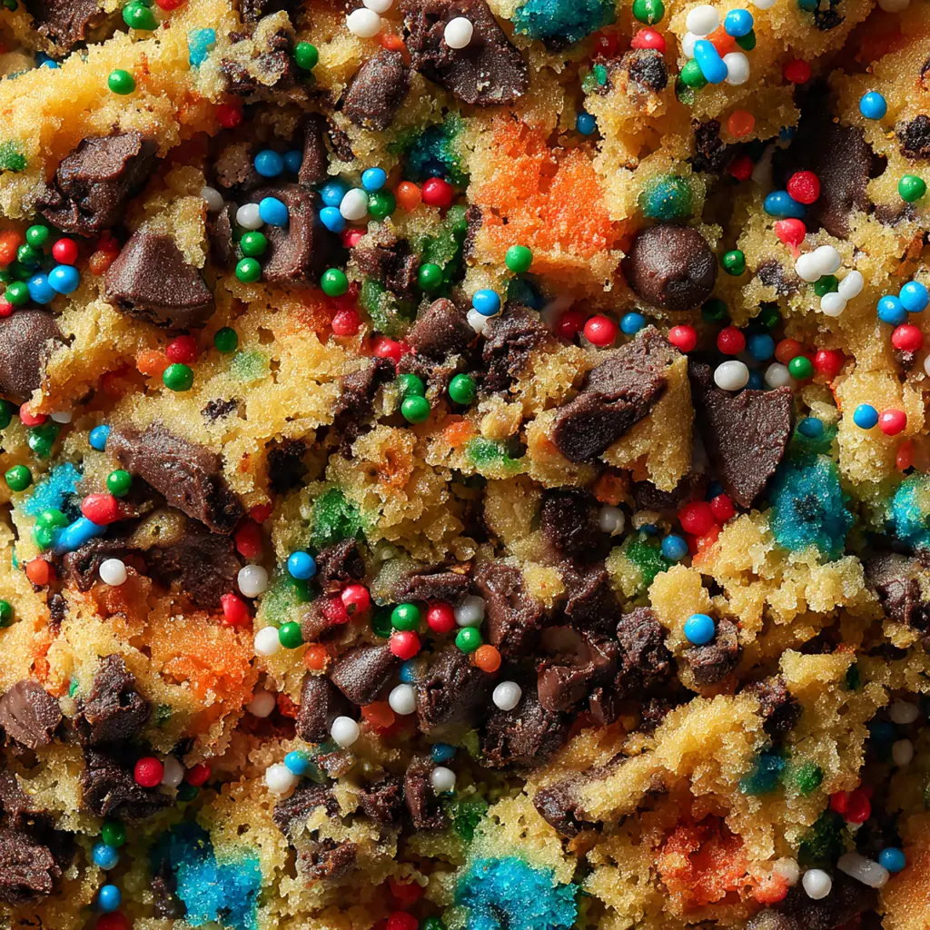 Balls of cookie dough studded with chocolate chips and sprinkles on a parchment-lined baking sheet before baking.