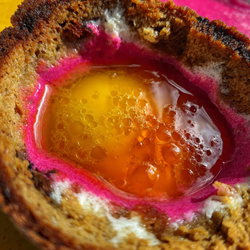 A single, perfect Yorkshire pudding on a white plate, filled with rich brown gravy.