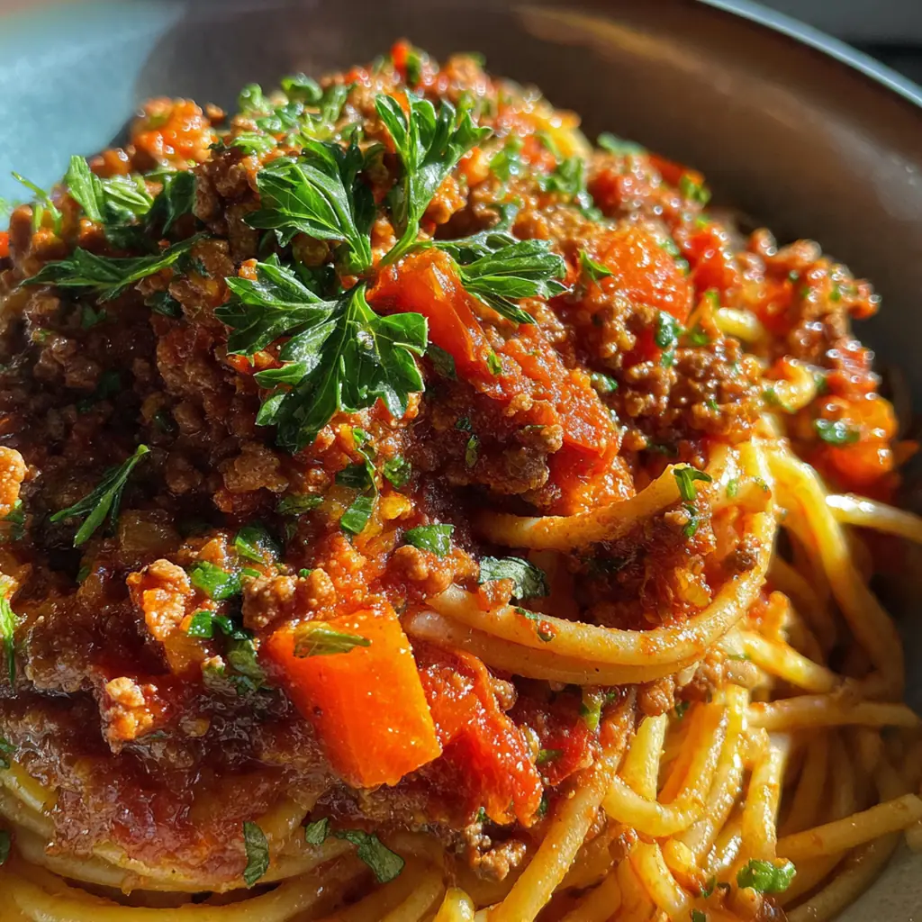 A close-up shot showing the thick, savory meat sauce clinging perfectly to strands of spaghetti on a fork.