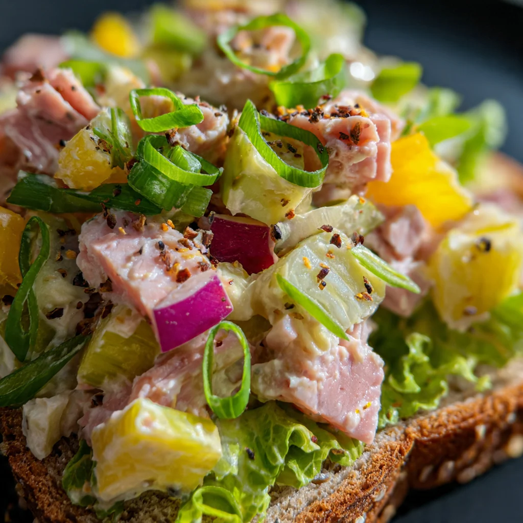 A scoop of ham salad on a white plate surrounded by assorted crackers and celery sticks.