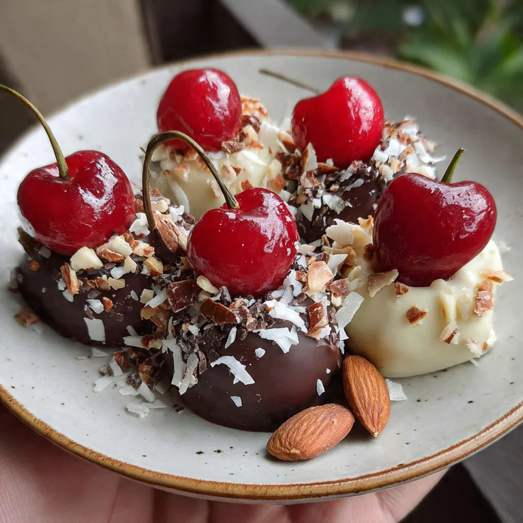 A single glossy chocolate covered cherry held by its stem, ready to be eaten.