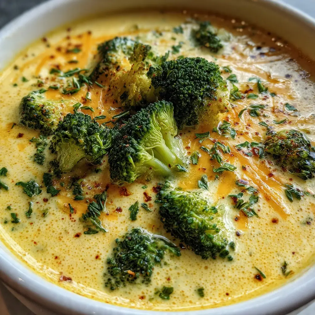 The finished broccoli cheddar soup served in a sourdough bread bowl with a spoon ready to dig in.