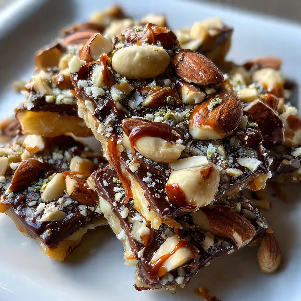 Irregularly broken pieces of melt in your mouth toffee stacked beautifully on a white plate.
