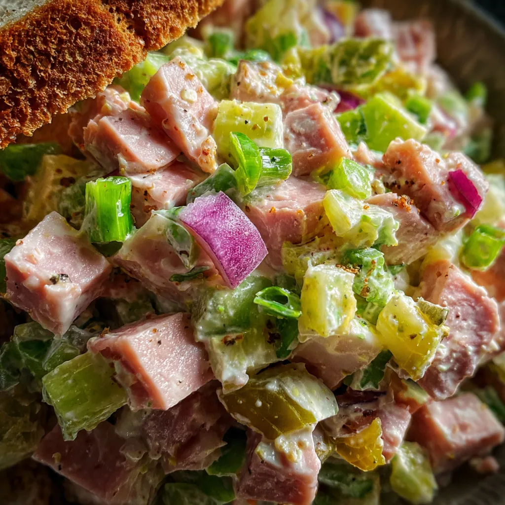 A close-up of a perfect ham salad sandwich on a flaky, buttery croissant with lettuce.