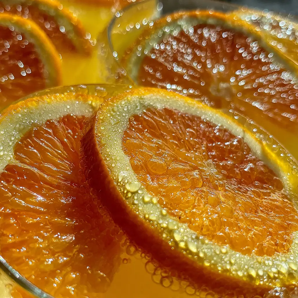 A close-up of a mimosa garnished with a thin orange slice, showing the delicate bubbles rising.