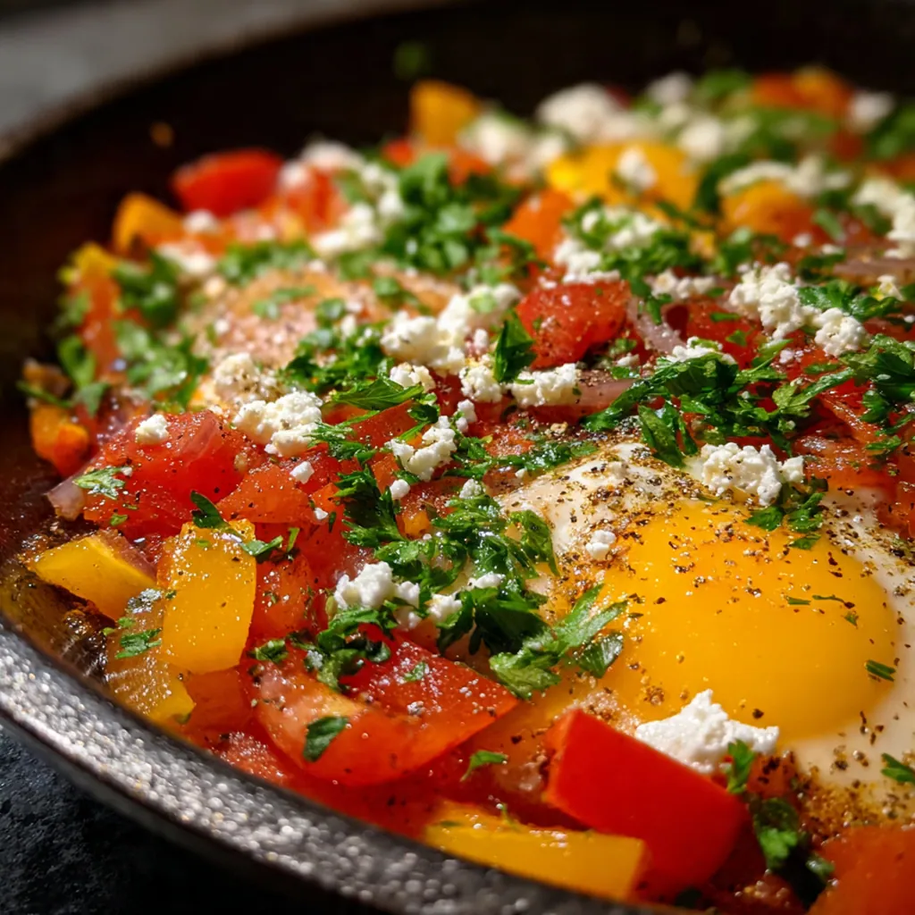 A piece of crusty bread being dipped into the hearty one-pan Shakshuka, ready to be eaten.