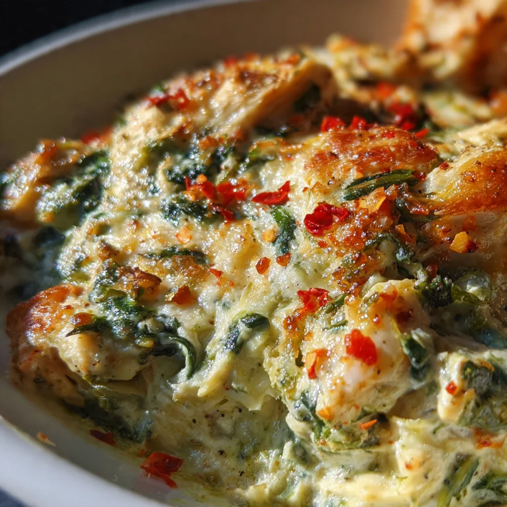 A close-up of a tortilla chip scooping up the incredibly creamy and cheesy spinach artichoke dip.