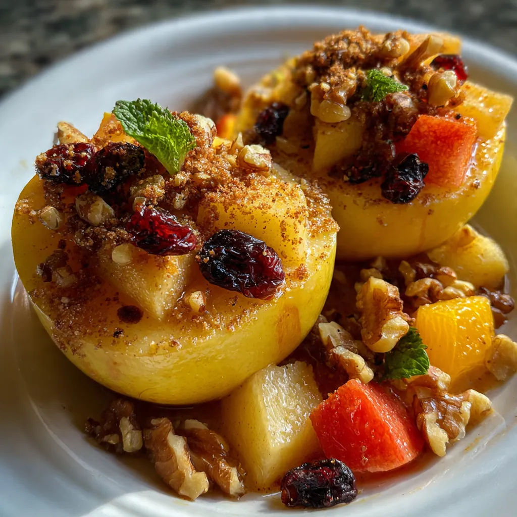 Close-up shot of the gooey cinnamon-oat and pecan filling inside a perfectly tender baked apple.