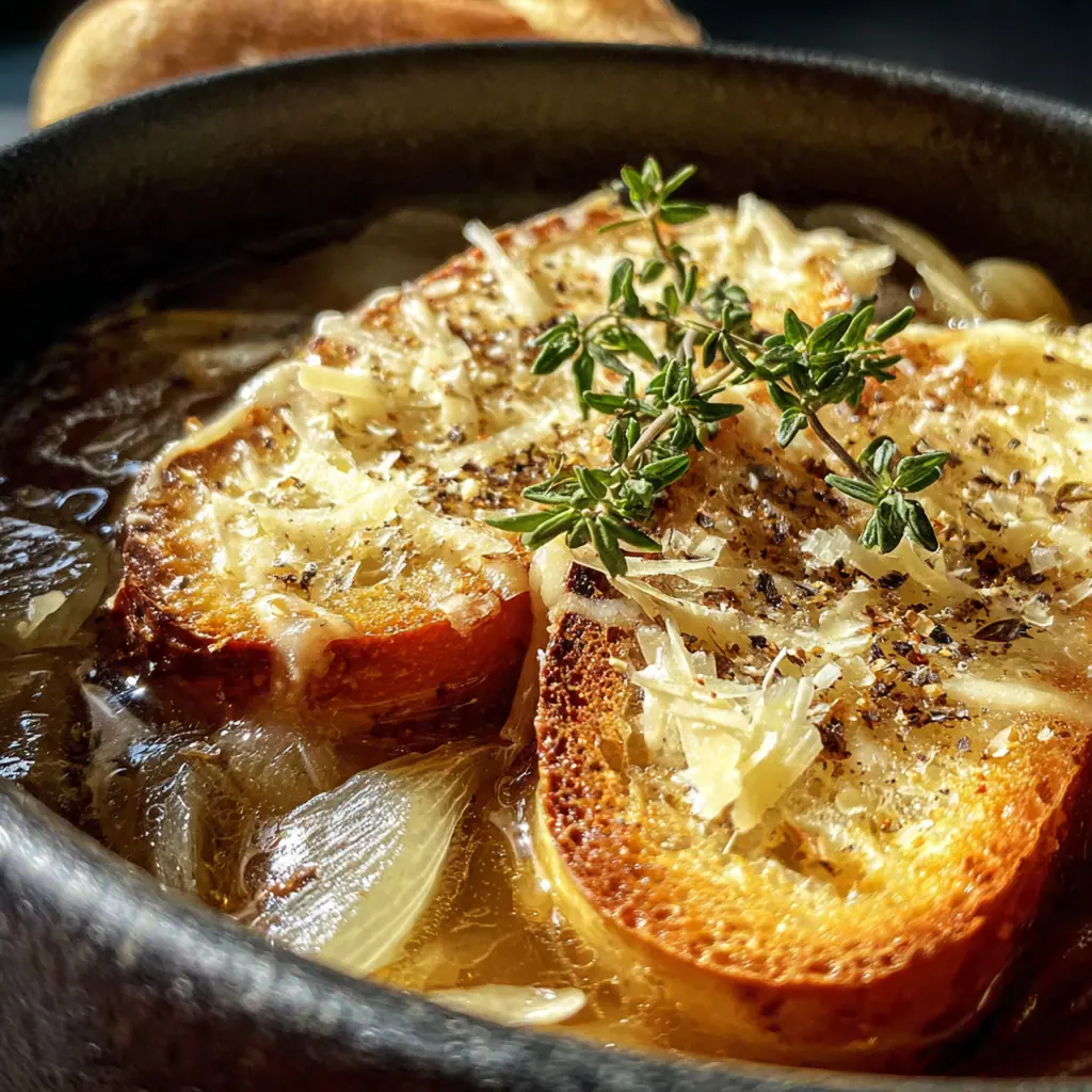 A large pot filled with deeply caramelized, jammy onions ready for the next step of the soup.