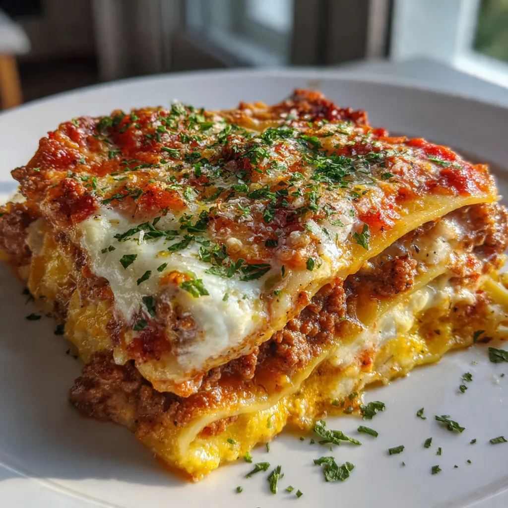 A generous square slice of classic lasagne alla bolognese on a white plate, showing its many layers.