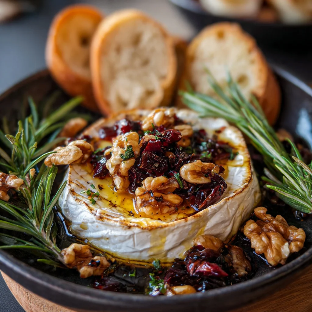 A golden baked wheel of brie in a cast iron skillet, drizzled with honey and topped with walnuts and fresh thyme.