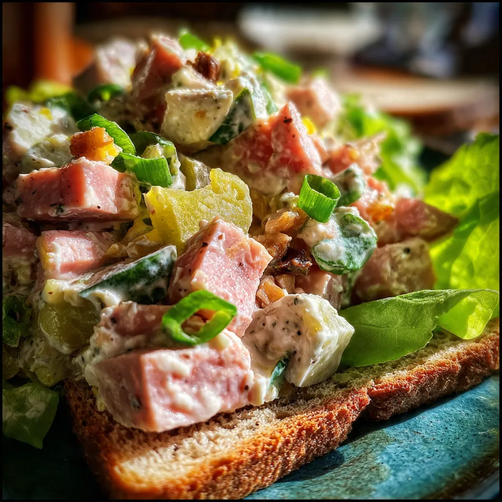 A large glass bowl filled with creamy Winter Blossom's Often Requested Ham Salad, garnished with fresh chives.