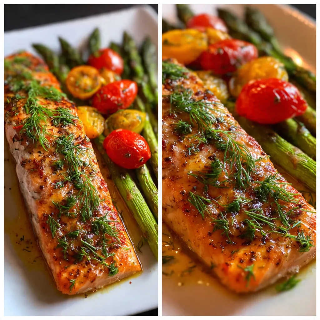 A gorgeous baked salmon fillet topped with lemon slices and fresh dill in a white baking dish.