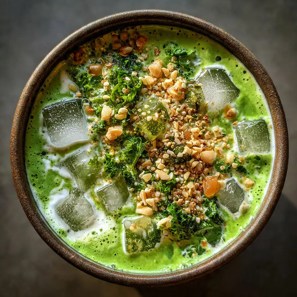 A vibrant, thick green smoothie in a tall glass, topped with fresh berries and toasted coconut flakes.