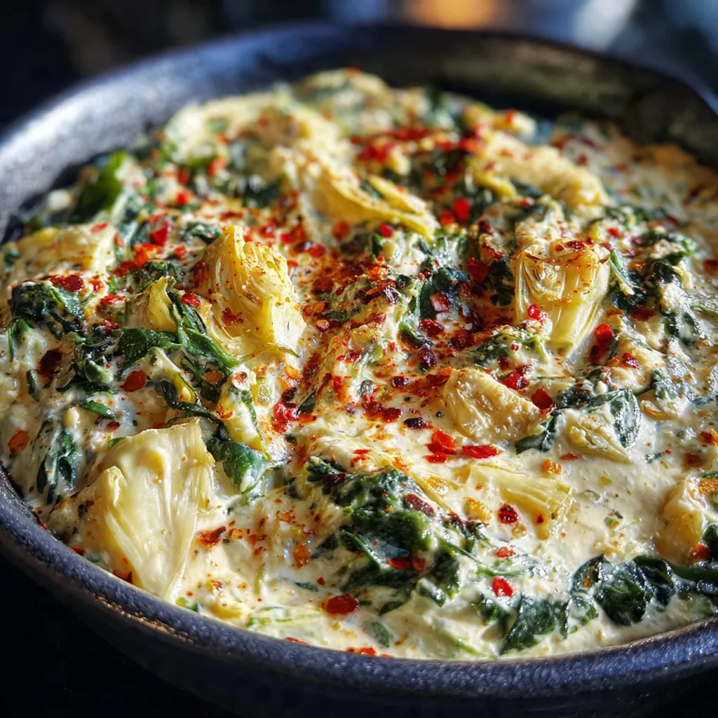A golden-brown baked spinach and artichoke dip in a white dish, bubbling hot from the oven.