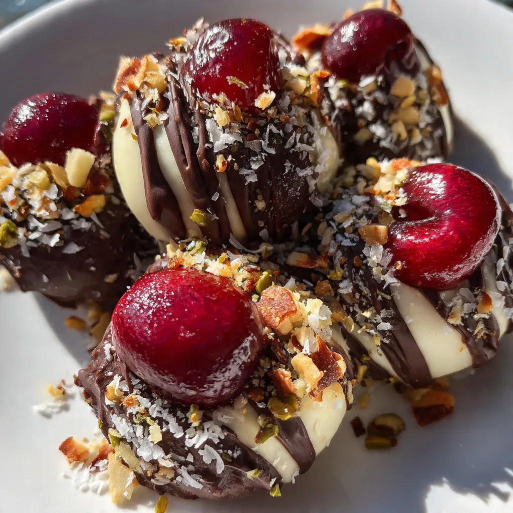 A beautiful row of freshly dipped chocolate covered cherries setting on a sheet of parchment paper.