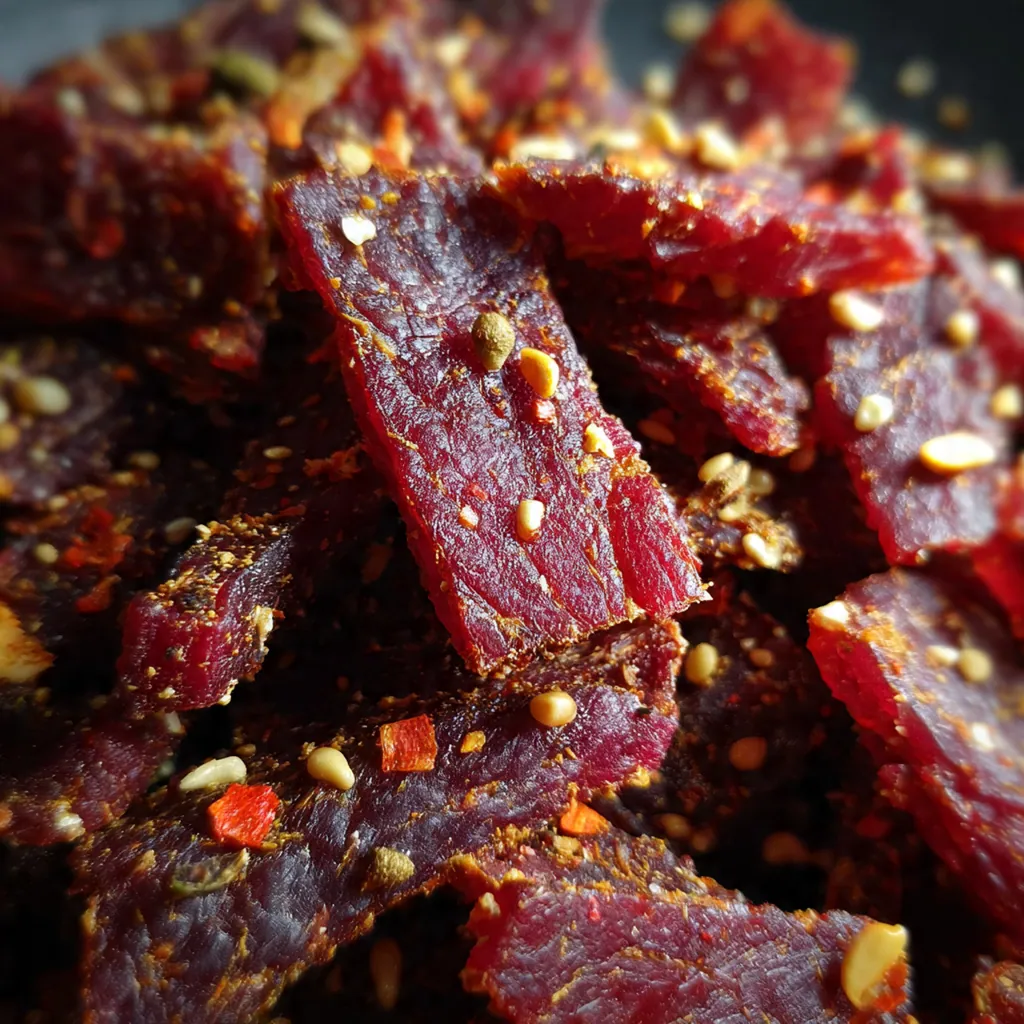 A large batch of homemade beef jerky strips with a glossy, dark glaze arranged on a wire rack