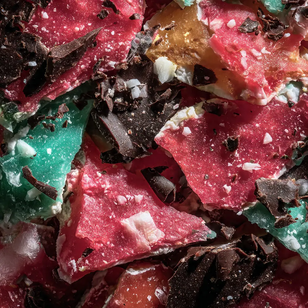 Glossy sheet of homemade peppermint brittle with crushed red and white candies pressed into the surface