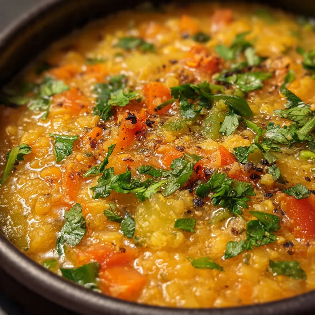 A creamy pot of golden red lentil dal garnished with fresh cilantro and lemon wedges