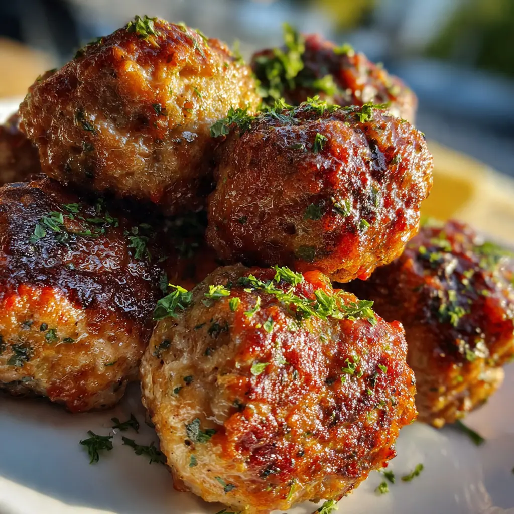 A heaping platter of glossy BBQ meatballs garnished with fresh green onions