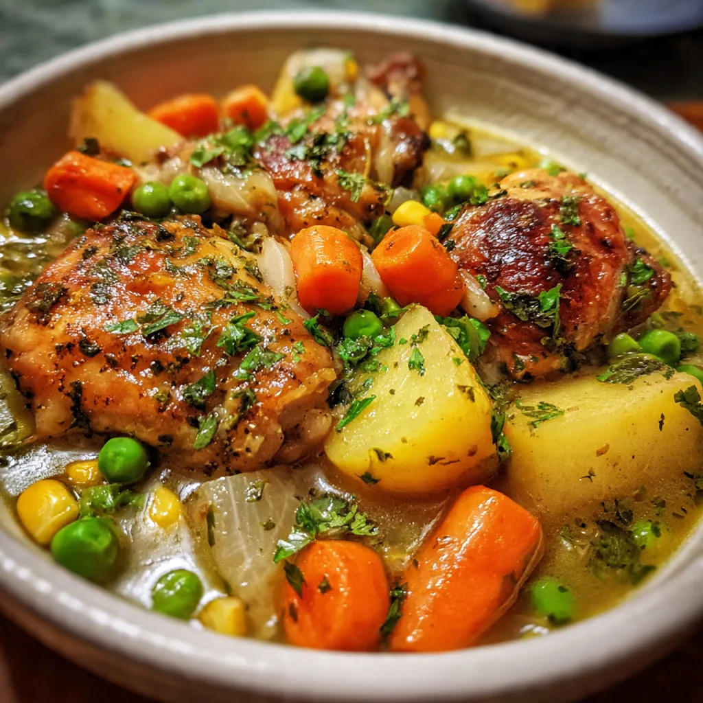 A steaming bowl of hearty crock pot chicken stew with tender chicken and colorful vegetables